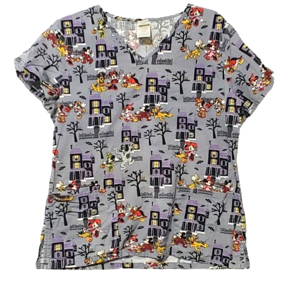 Disney Mickey Mouse Minnie Halloween Donald Duck Pluto Scrub Top Purple Womens S